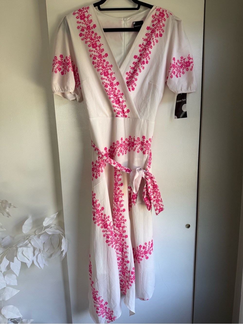 Maison Tara White Wrap Dress with Hot Pink Floral Border